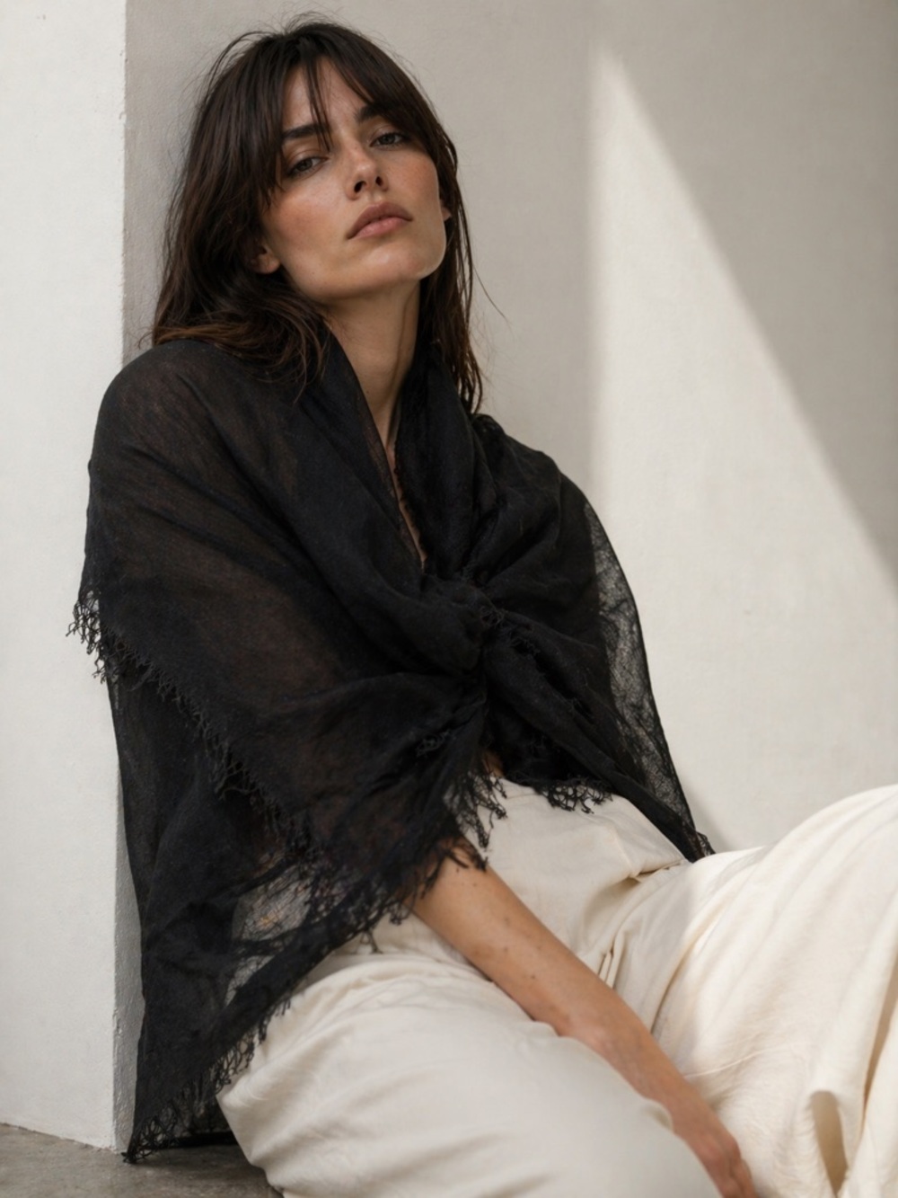 MAXMARA Italy Black Bamboo Wrap Scarf 32” X 72” Lightweight Fringed Shawl